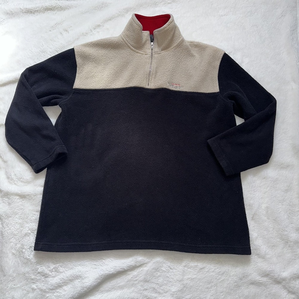 Lauren Ralph Lauren Pullover Womens M Black Beige Fleece Quarter Zip Made USA